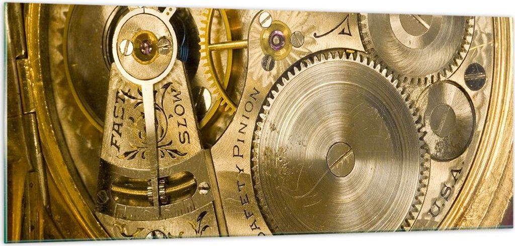 Bilder auf glas - Uhr Uhr Mechanismus Messing - 100x40cm - Glasbilder - Wandbilder - Kunstdruck - zum Aufhängen bereit - Wanddekoration aus Glas -...