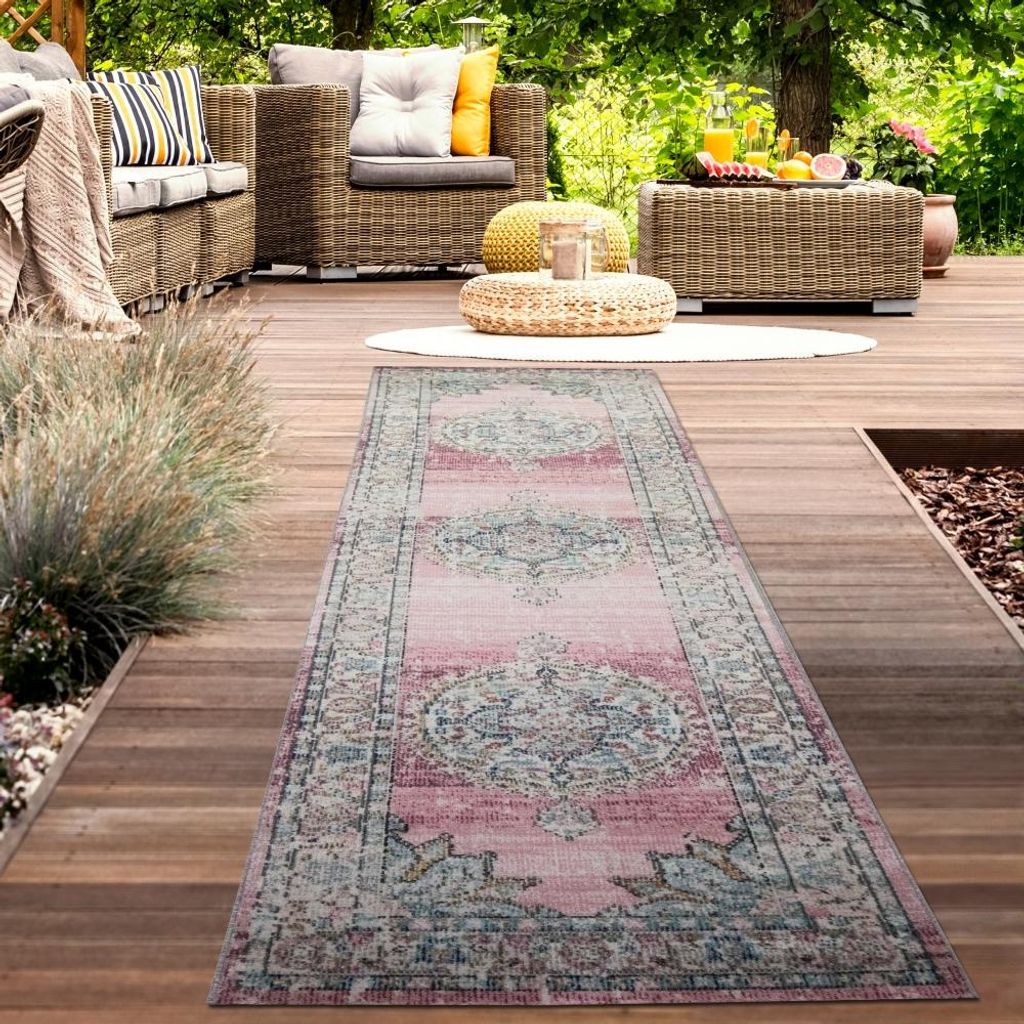 Teppich Outdoor Orientteppich Wohnzimmerteppich Ornamente in rosa Größe - 80 x 300 cm