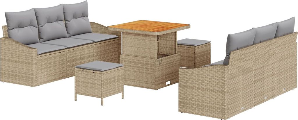 Möbel 9-tlg. Garten-Sofa-Set mit Kissen Beige Poly Rattan Akazie, 2-Sitzer Garten-Sofa mit Kissen Beige Poly Rattan, 3-tlg. Garten-Ess-Set mit Kis...