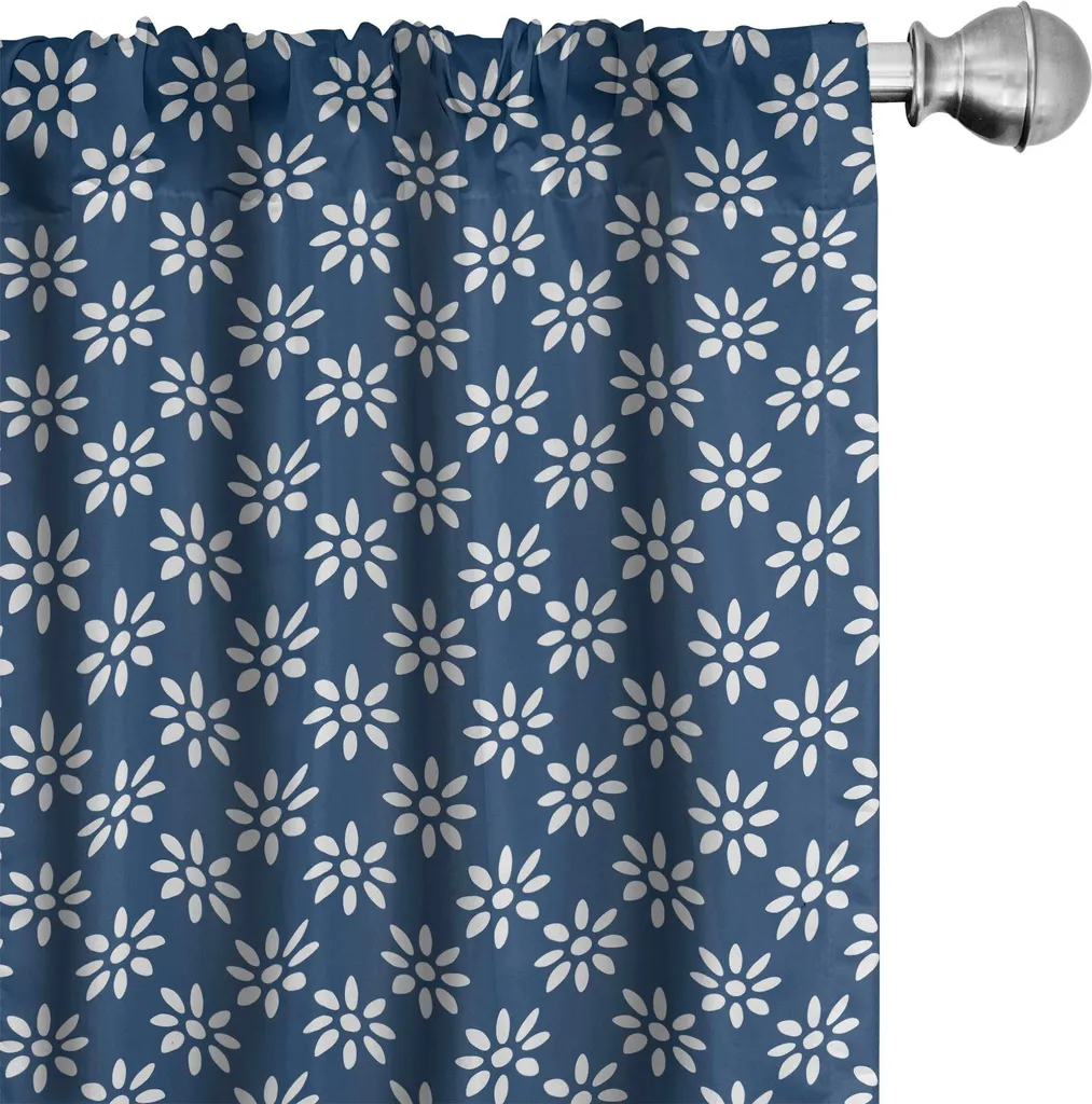ABAKUHAUS Tende Indigo, tende, ispirate alle antiche piastrelle greche per la casa Immagine Primavera Margherita come dettagli floreali, 2 pezzi 75 x 225 cm, blu navy bianco