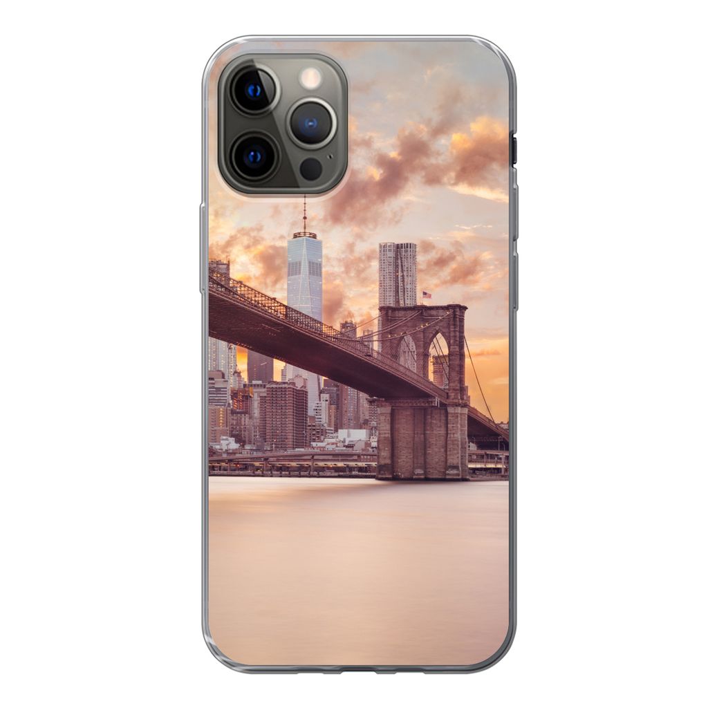MuchoWow Handyhülle Schutzhülle Hülle für iPhone 12 Pro Brooklyn Bridge und die New Yorker Skyline bei Sonnenuntergang Silikon Softcase Handy...