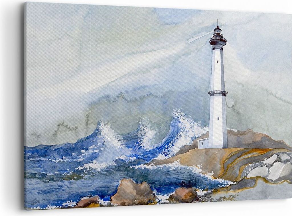Bild auf Leinwand - Leinwandbild - Leuchtturm Wasser Illustration Welle - 100x70cm - Wand Bild - Wanddeko - Leinwanddruck - Bilder - Kunstdruck - L...