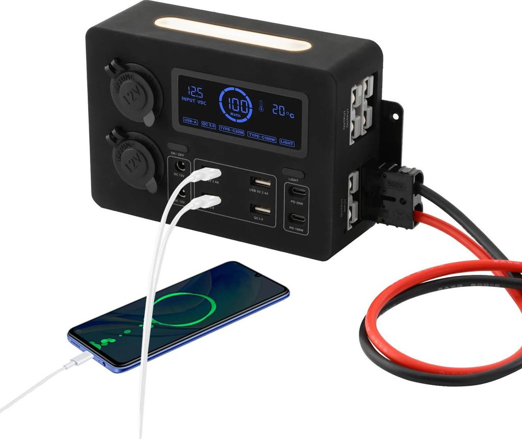 Stromverteilerbox - Mini Für Wohnmobil & Wohnwagen - USB-Ports - 12V DC PD-Ausgänge - Multifunktion - ABS-Kunststoff - Schwarz