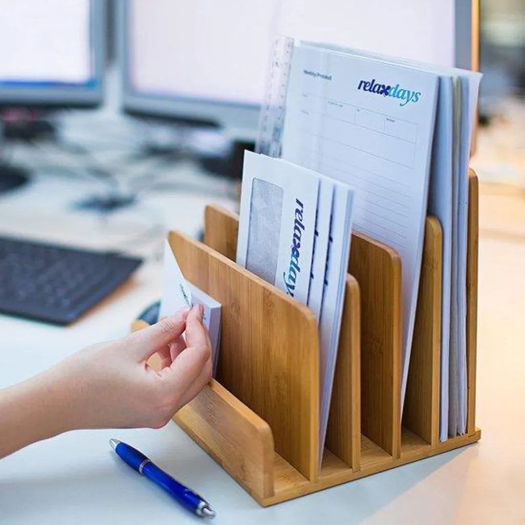Trieur de courrier en bois de bambou avec 5 fentes de rangement brun