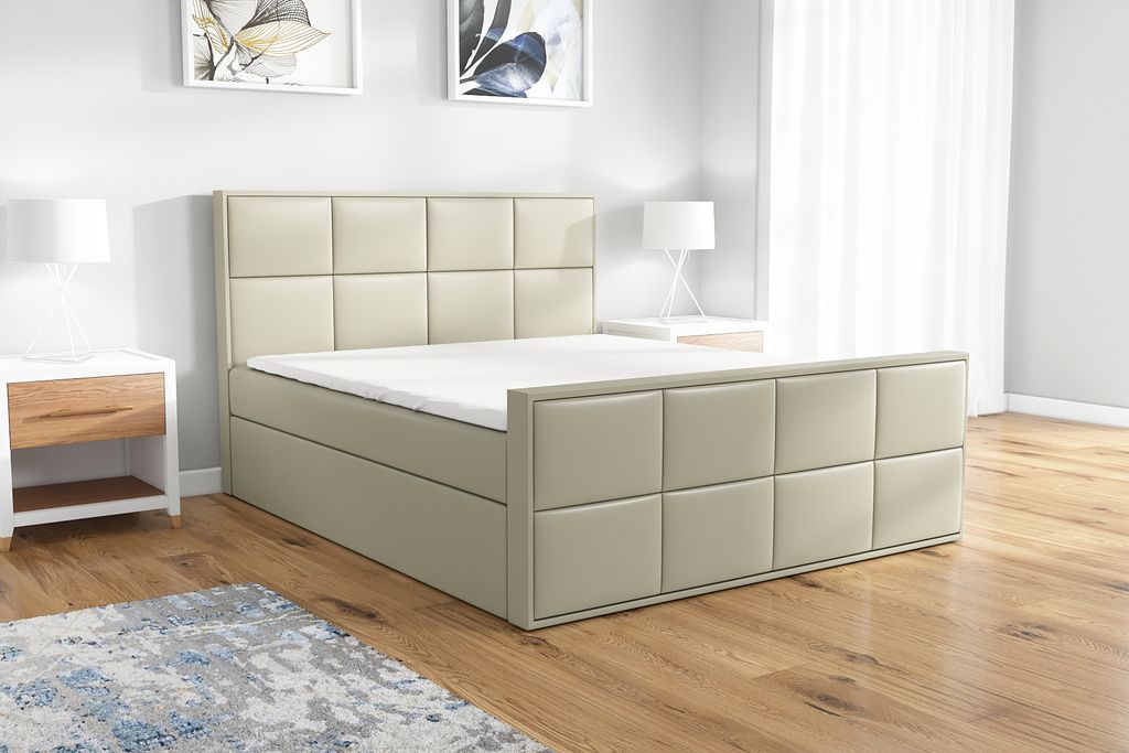 Boxspringbett BARD 180 x 200 mit 2 Bettkästen, Bonell-Matratze und Topper. Farbe: Beige