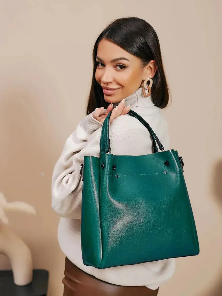 Grand sac cabas Aster en cuir véritable vert - Sac à main chic femme - 7