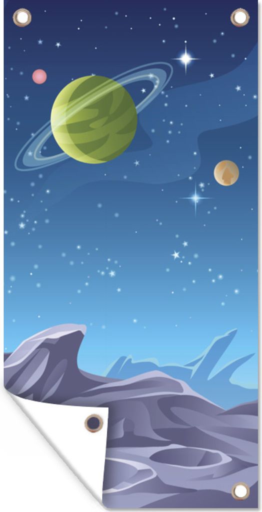 MuchoWow 40x80 cm Outdoor-Poster Gartendeko Sichtschutz Garten Poster für den Garten Eine Illustration der Mondoberfläche mit sichtbaren Planeten