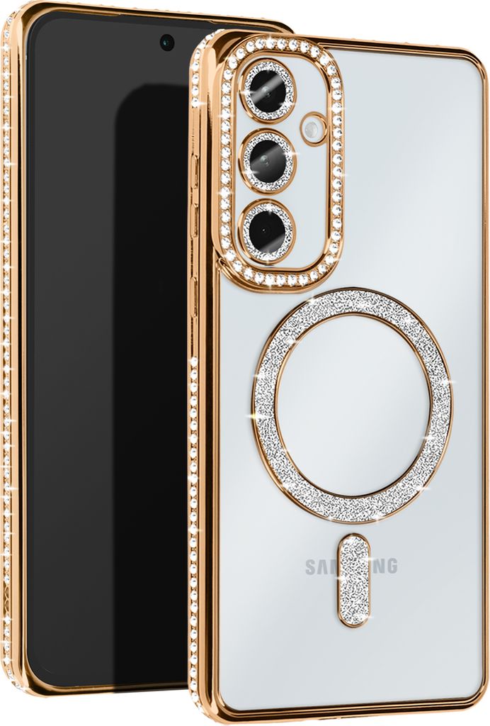 Avizar, Diamant-Hülle für Samsung A35 – MagSafe-Schutz mit Strass-Rand, Gold