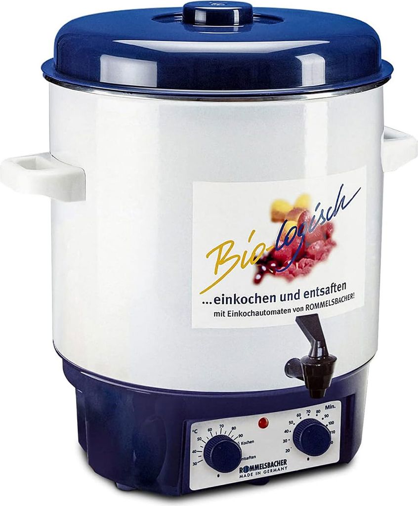 A white and blue electric preserving pot with a blue lid and a black faucet, sitting on a white background.