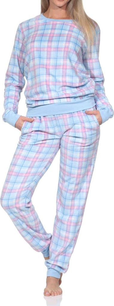 Normann Damen langarm Fleece Schlafanzug mit Bündchen in chilliger Optik ; hellblau1 , 36