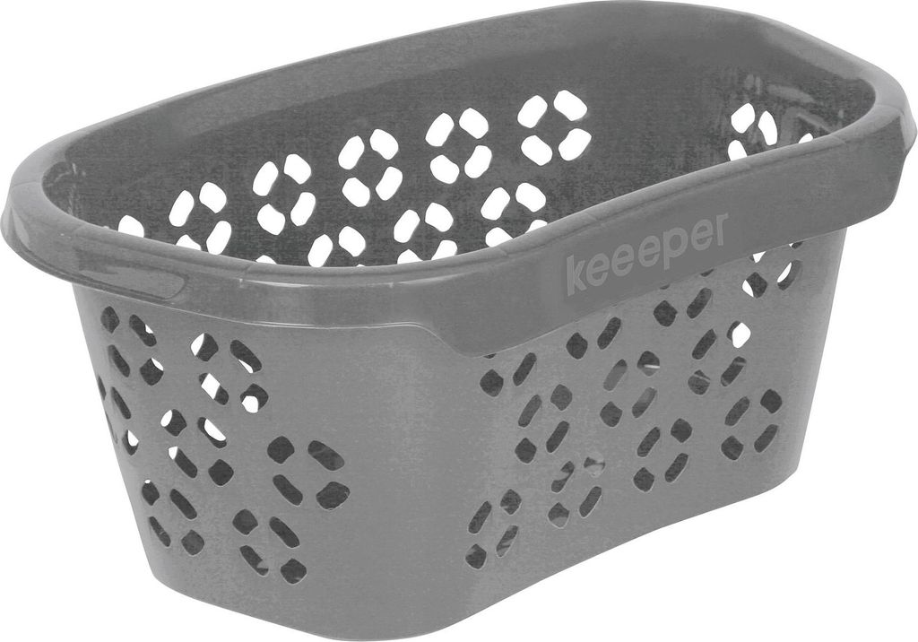A gray plastic laundry basket with a patterned design and the brand name 'keepeer' visible.