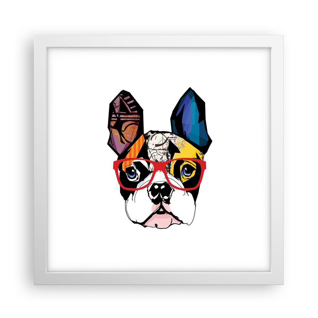 Gerahmtes Poster - Weißer Rahmen - Hund Brille Bunt Bulldogge - 30x30 cm - Wand Bild - Wanddeko - Wandbilder - Wandposter - Bilderrahmen - Bilder ...