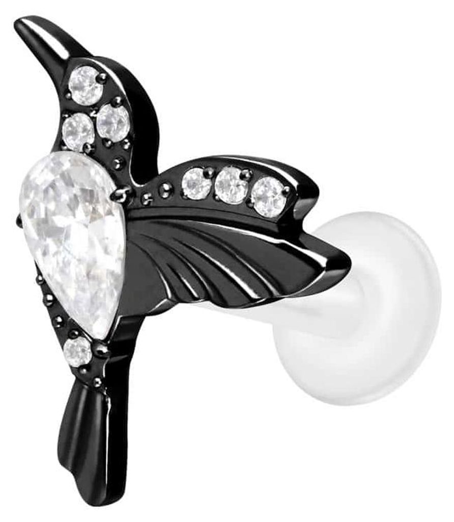 Ohrpiercing, Nasenpiercing PTFE Labret mit Innengewinde + Titan-Aufsatz KOLIBRI Schwarz Stablänge: 10mm | Stabstärke: 1,6mm
