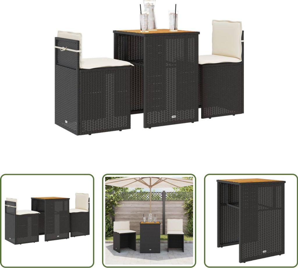 The Living Store 3-tlg. Bistro-Set mit Kissen Schwarz Poly Rattan