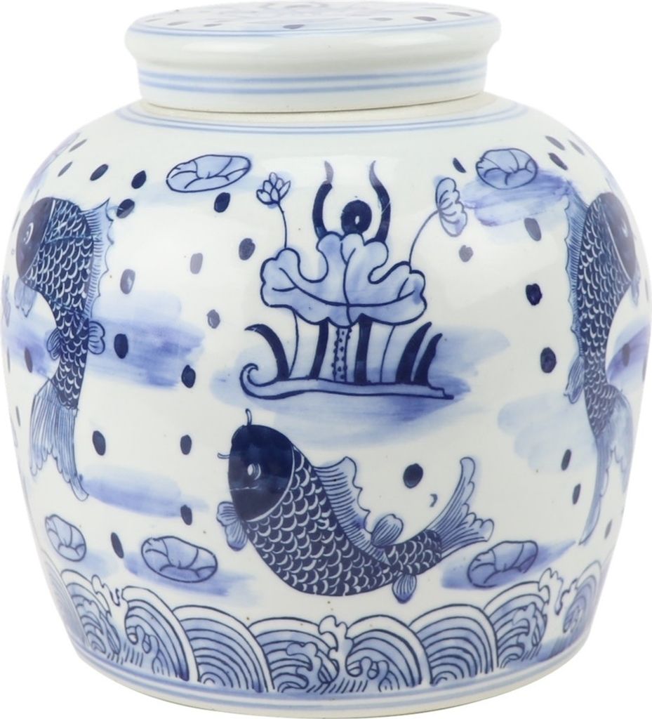 Fine Asianliving Chinesischer Vase mit Deckel Porzellan Blau Weiß Koi Fisch Handgemalt D23xH23cm Dekorative Vase Blumenvase Orientalische Keramik ...