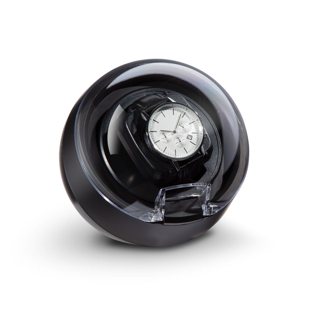 A black watch winder with a white-faced watch inside, shown against a white background.