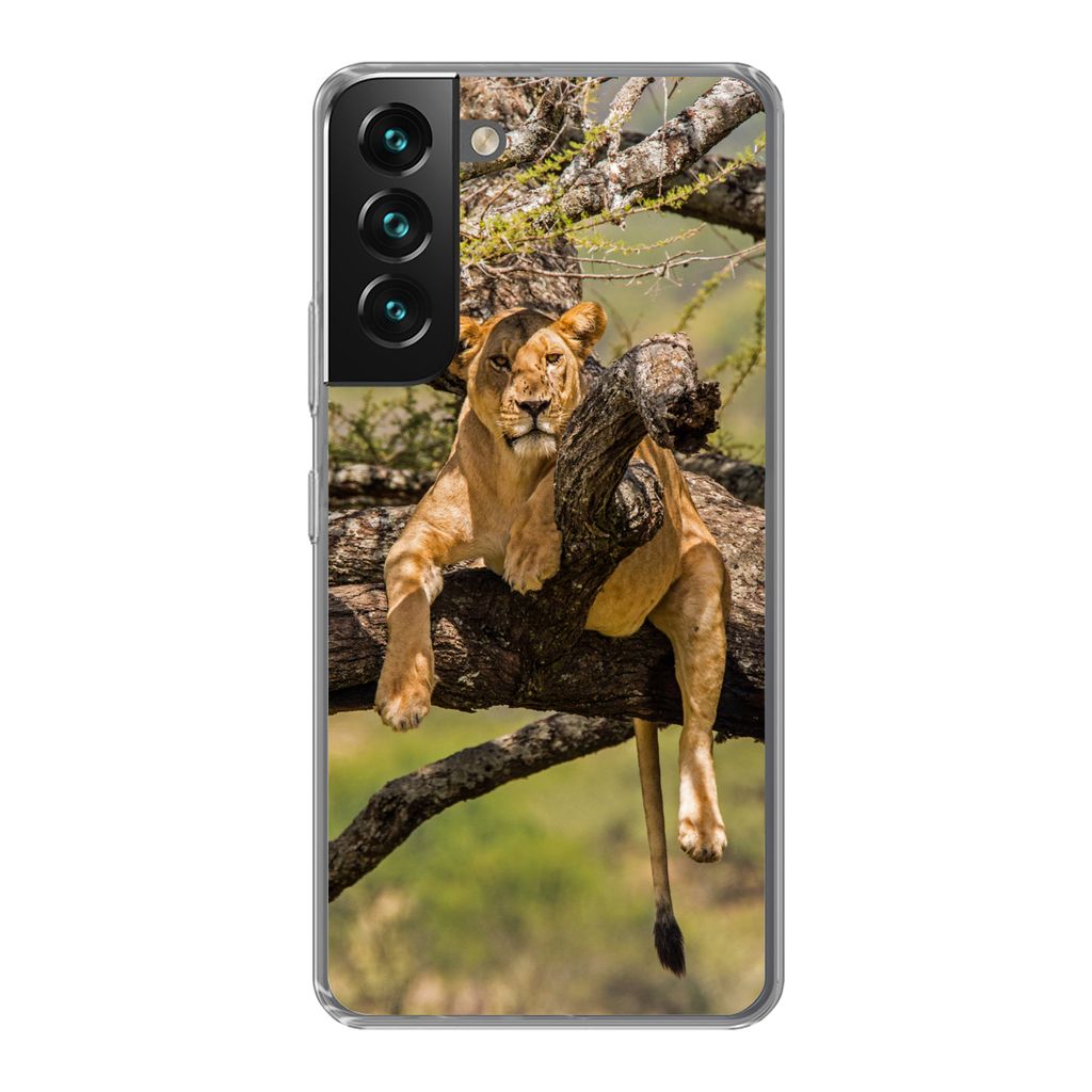 MuchoWow Handyhülle Schutzhülle Hülle für Samsung Galaxy S22 Löwe - Baum - Braun Silikon Softcase Handy Hülle - Mobiltelefonhülle