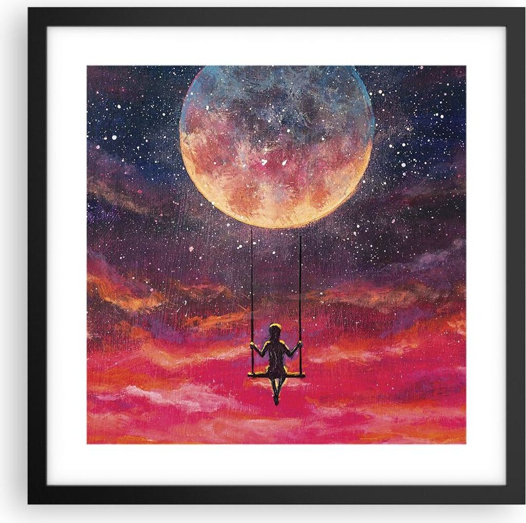 Gerahmtes Poster - Schwarzer Rahmen - Mond Schaukel Frau - Produktbild 