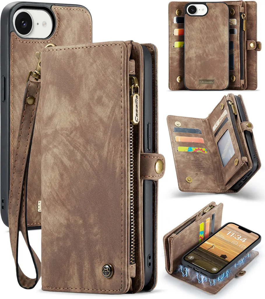 Custodia Protettiva iPhone 16e Pelle Marrone con Zip e Carte
