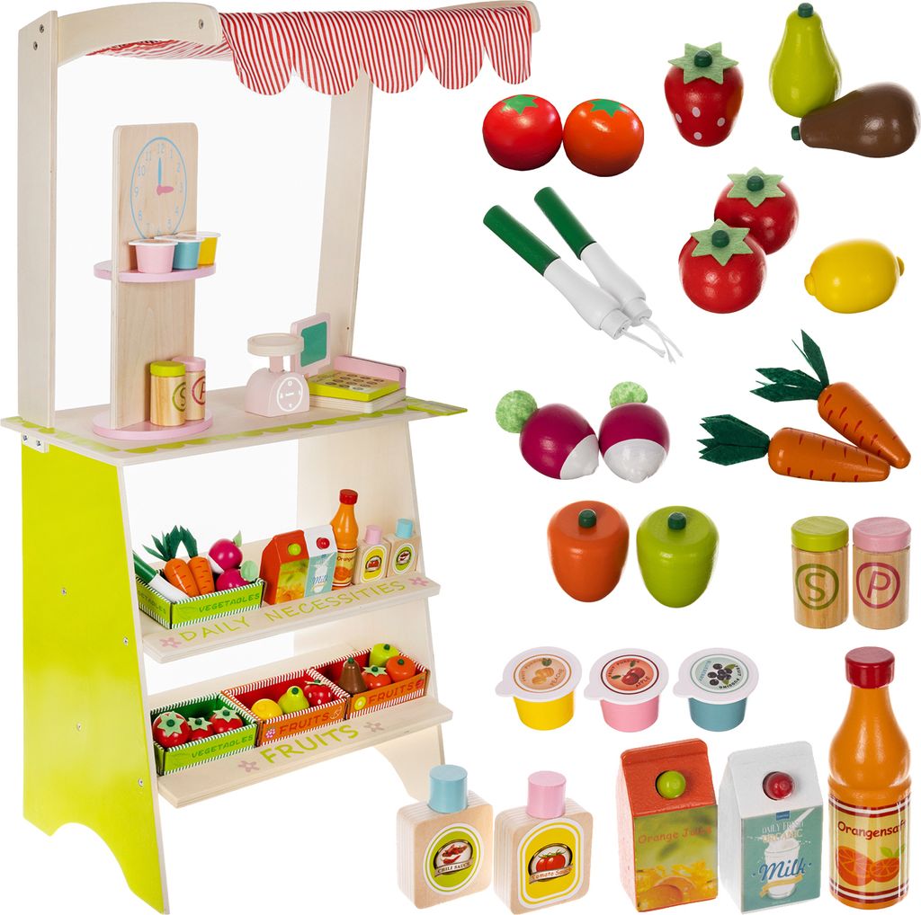 Marktstand Kinder aus Holz mit Markise und Zubehör 25 Teile Produktbild 