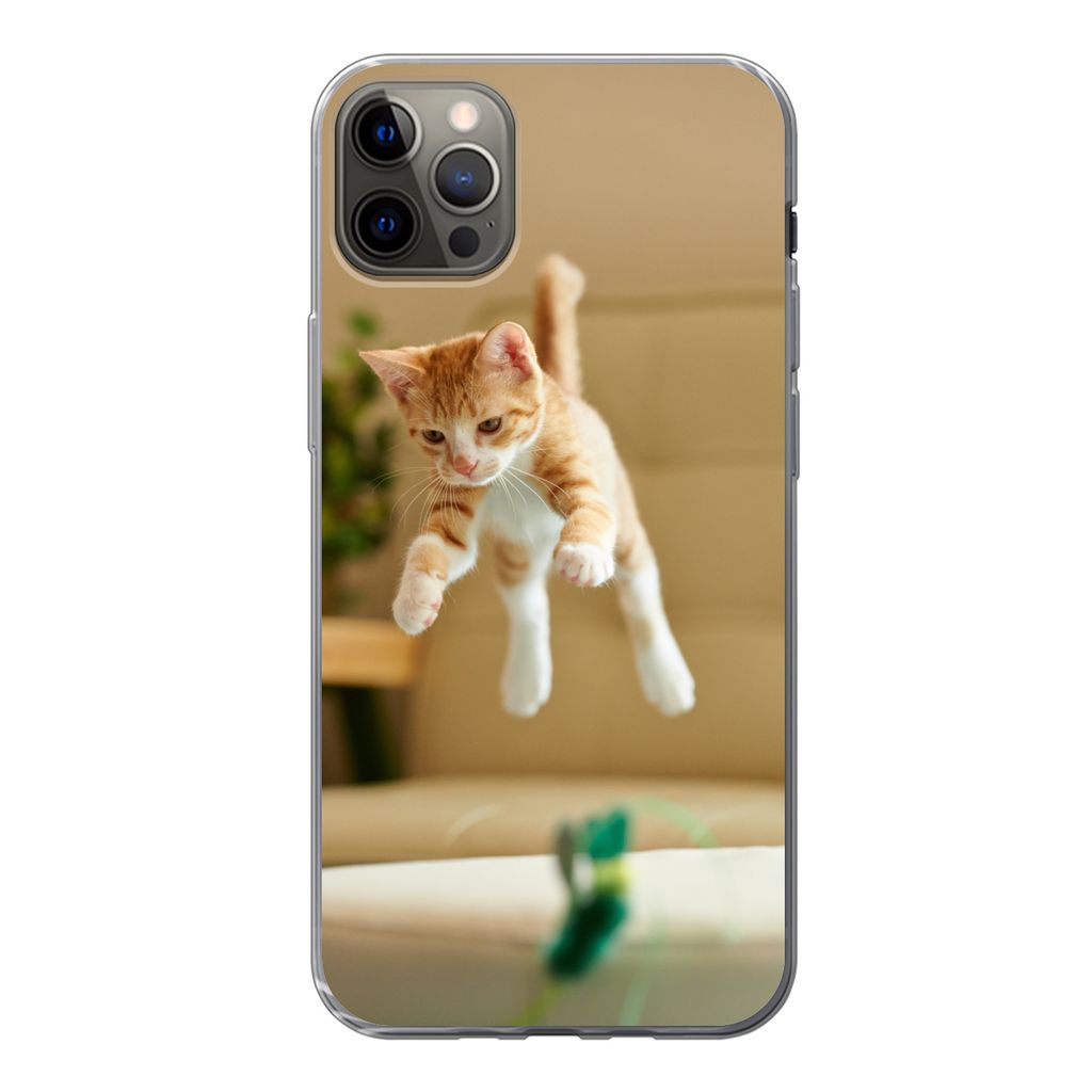 MuchoWow Handyhülle Schutzhülle Hülle für iPhone 12 Pro Max Katze - Springen - Spielzeug Silikon Softcase Handy Hülle - Hartschale