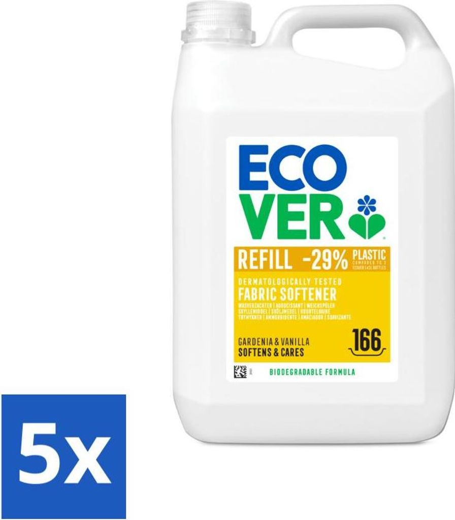 Ecover – Weichspüler – Gardenie & Vanille – 5 Liter – 166 Wäschen - Vorteilspack - 5 Stücke