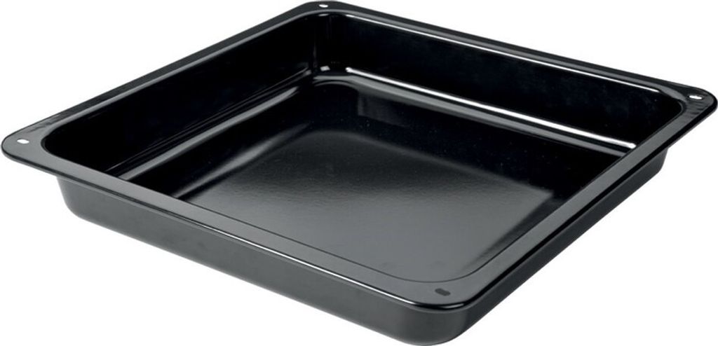 A black baking tray is shown from a slightly elevated angle against a white background.