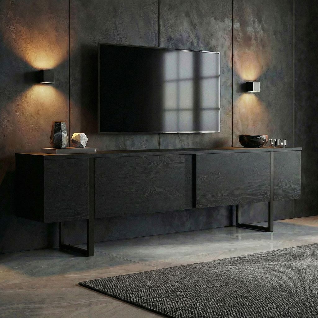 Skye Decor, Hochwertiger TV-Ständer, 180 x 50 x 30 cm, 100% melaminbeschichtete Spanplatte, 18 mm dick, Schwarz, Modernes & Industrielles Design f...