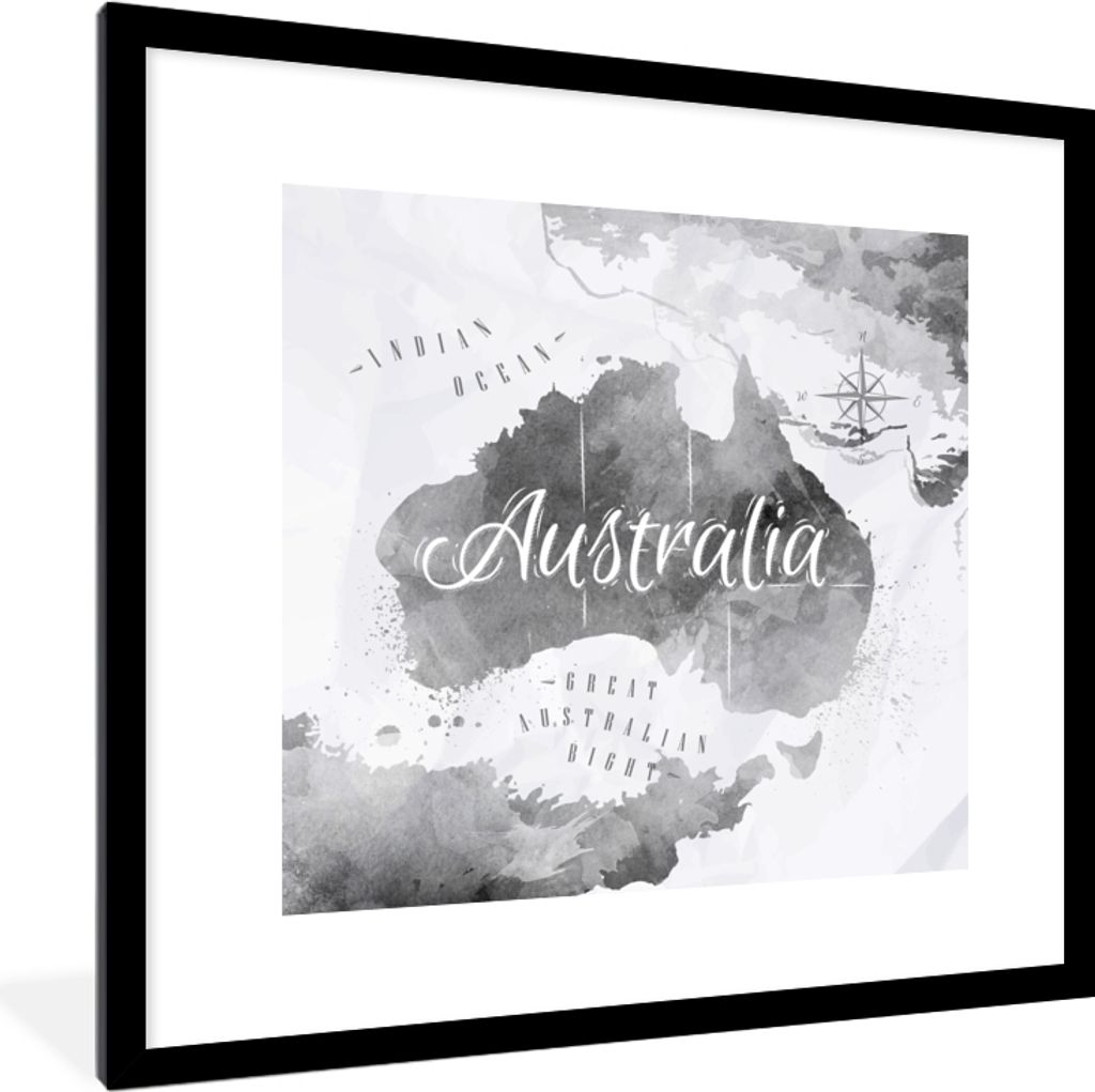 MuchoWow MuchoWow Gerahmtes Poster Australien - Weltkarte - Aquarell 40x40 cm - Poster mit zchwarzem Bilderrahmen - Poster - Plakat im Rahmen