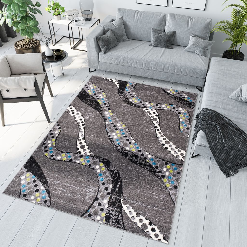 Teppich Wohnzimmer Schlafzimmer Kurzflor Modern Design Grau Schwarz Bunt Meliert 140 x 190 cm