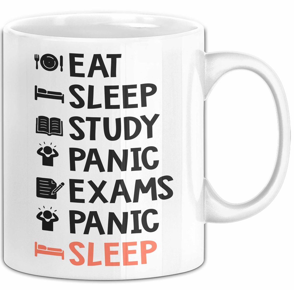 Medizinstudent Arzt Tasse Geschenk Lustige Geschenkidee Spruch Essen Schlafen Lernen Panik Prüfungen Panik Schlafen (Weiß)