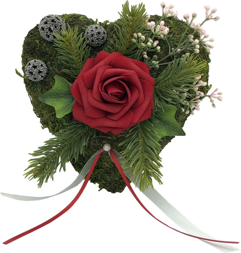Grabgesteck Grabschmuck Moosherz Grabherz Trauerherz Grab Herz Gesteck Rose rot