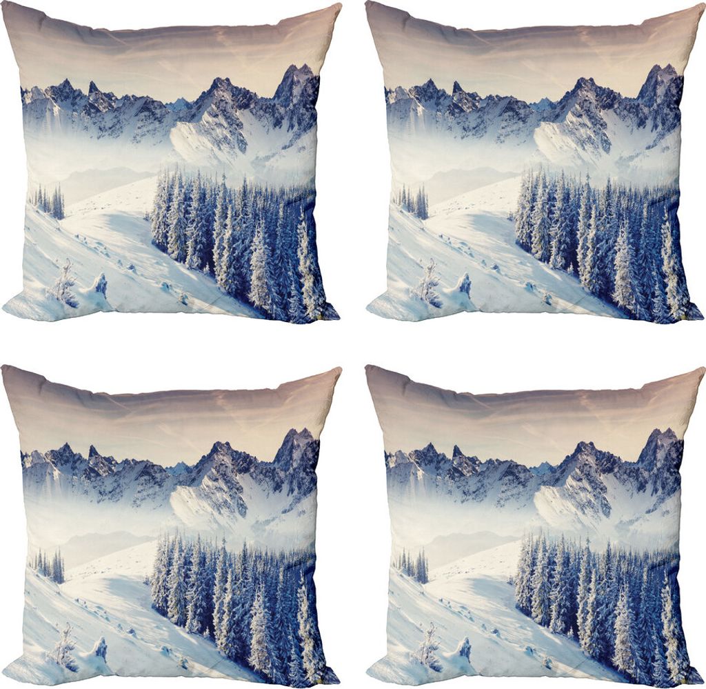 ABAKUHAUS Natur Kissenbezug Set (4 Stück), Snowy-Winter-Ansicht, Moderner Doppelseitiger Digitaldruck, 45 cm x 45 cm, Blau, Grau, Weiß