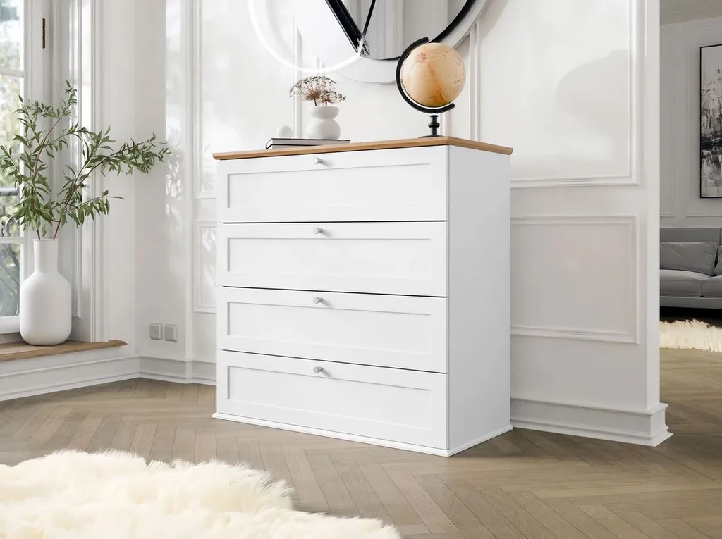 Commode de chambre ZAWIS en bois chêne et blanc avec grands tiroirs L90