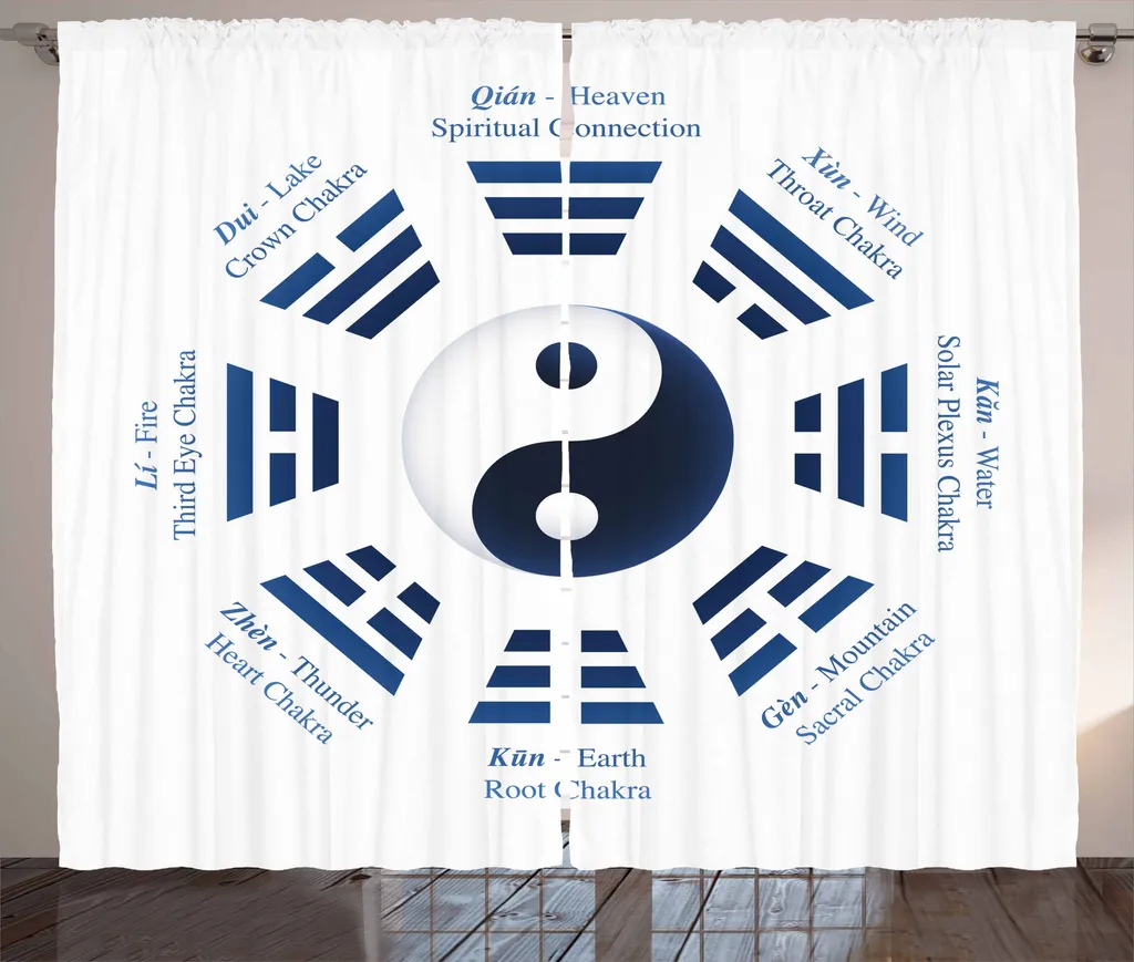 ABAKUHAUS Yin-Yang Tenda rustica, trigrammi I-Ching Nomi, camera da letto Tenda con passanti e ganci, 280 x 175 cm, blu navy bianco