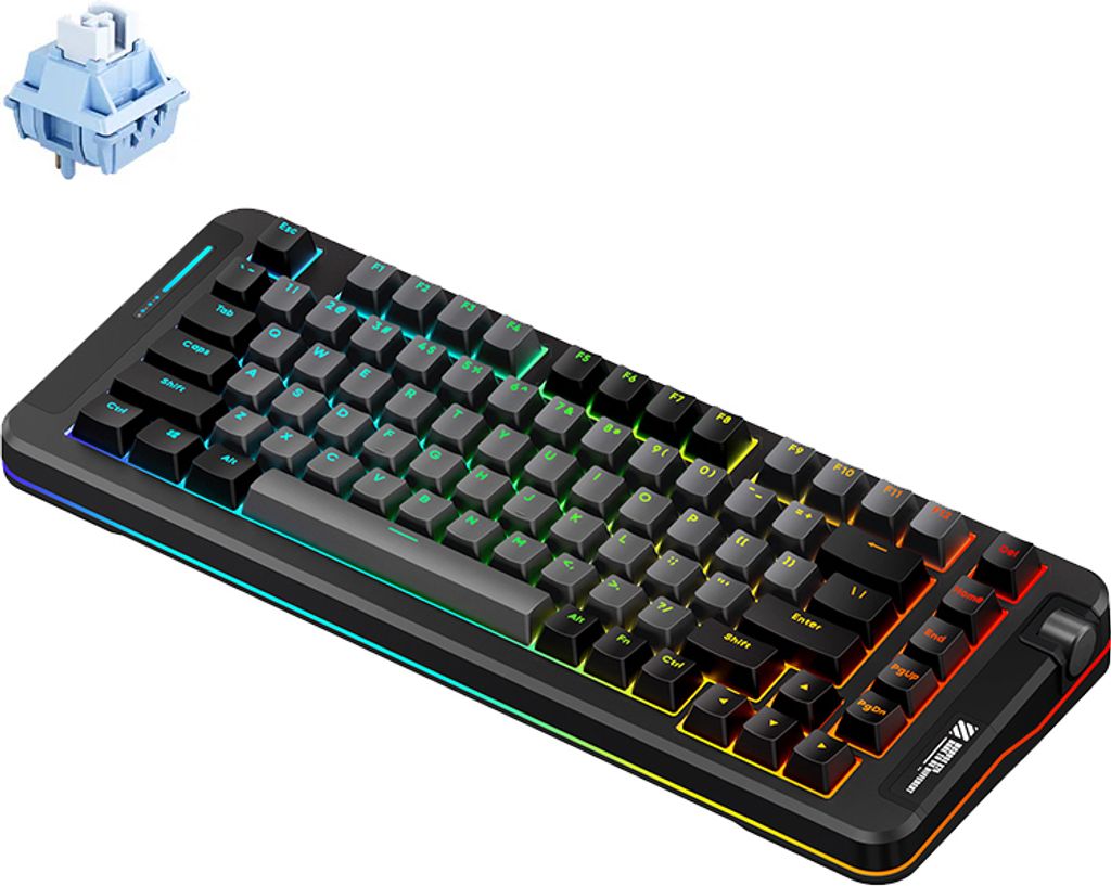A mechanical keyboard and a single key switch are shown against a white background.