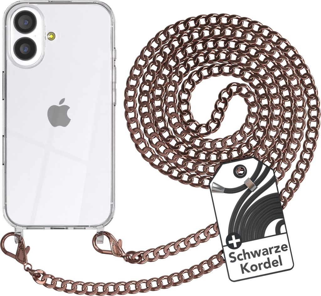 EAZY CASE Metall Handykette für Apple iPhone 17, Handyhülle mit Umhängeband, Silikonhülle, Metallkette für Smartphone in Rosa