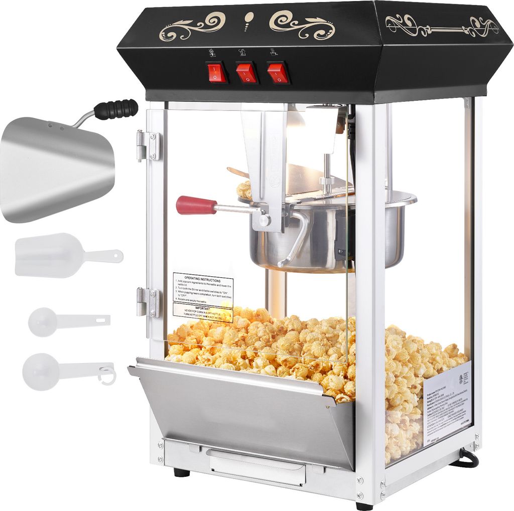 SucceBuy Popcornmaschine, 850 W Popcornmaschine, 237 ml Kessel, 48 Tassen pro Ladung, Tischmaschine mit gehärtetem Glas, inkl. 4 Schaufeln, schwarz