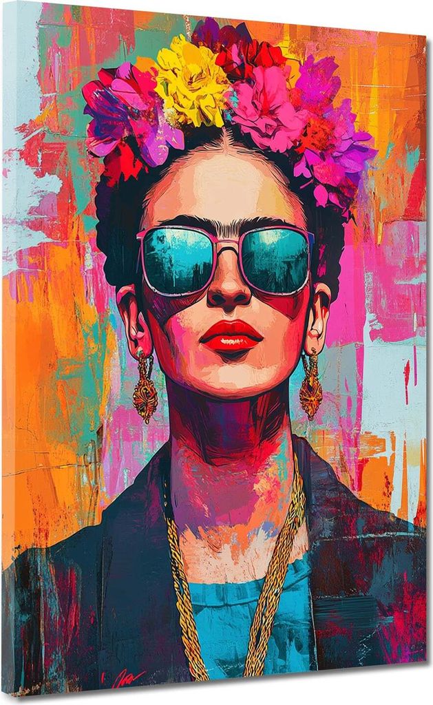 Frida Portrait Pop Art mit Sonnenbrille und Kranz Leinwandbild Wandbild Wanddeko: 60x80x4cm