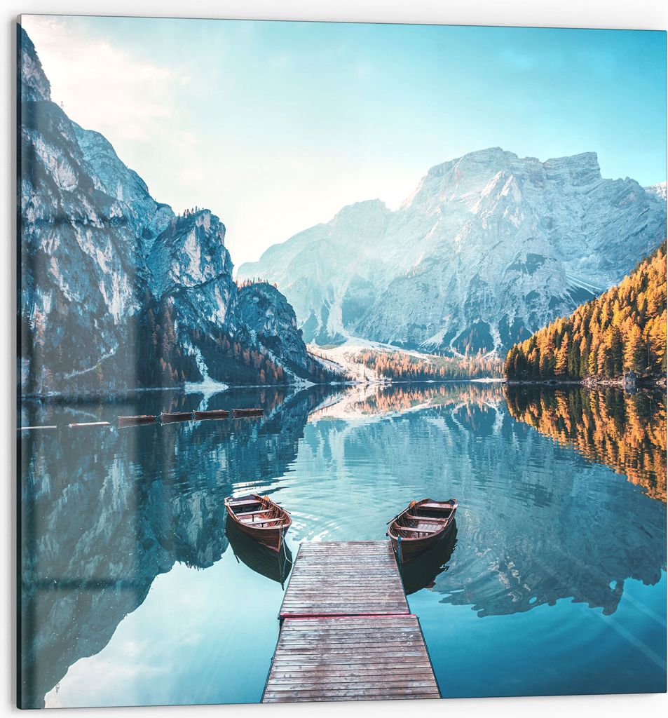 DEQORI Küchenrückwand Glas 60x60 cm 'Blick auf Lago di Braies' Spritzschutz Bad Rückwand
