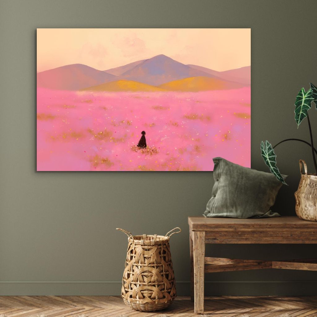 MuchoWow Wanddekoration Metall Metallbild Wandkunst 90x60 cm Blumenwiese - Hügel - Scherenschnitt - Rosa MuchoWow Aluminium Gemälde - Wandbilder