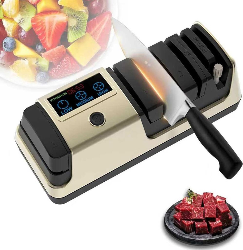 5-in-1 Diamant-Messerschärfer elektrisch – 3 einstellbare Geschwindigkeiten, LCD-Display, für gerade Messer