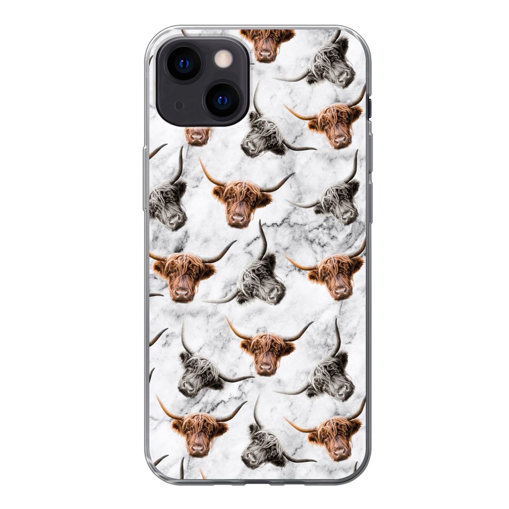 MuchoWow Handyhülle Schutzhülle Hülle für iPhone 13 Schottischer Highlander - Kuh - Marmor Silikon Softcase Handy Hülle - Karteninhaber