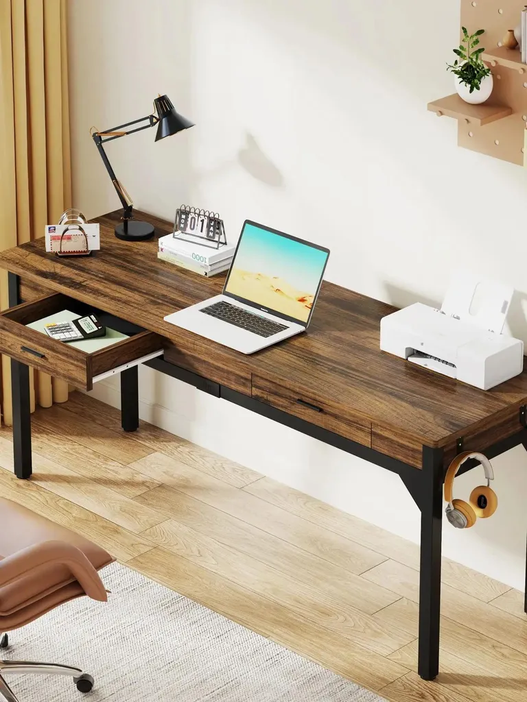Bureau 2 Personnes Extra-Long 200 cm - Structure Métal Chocolat