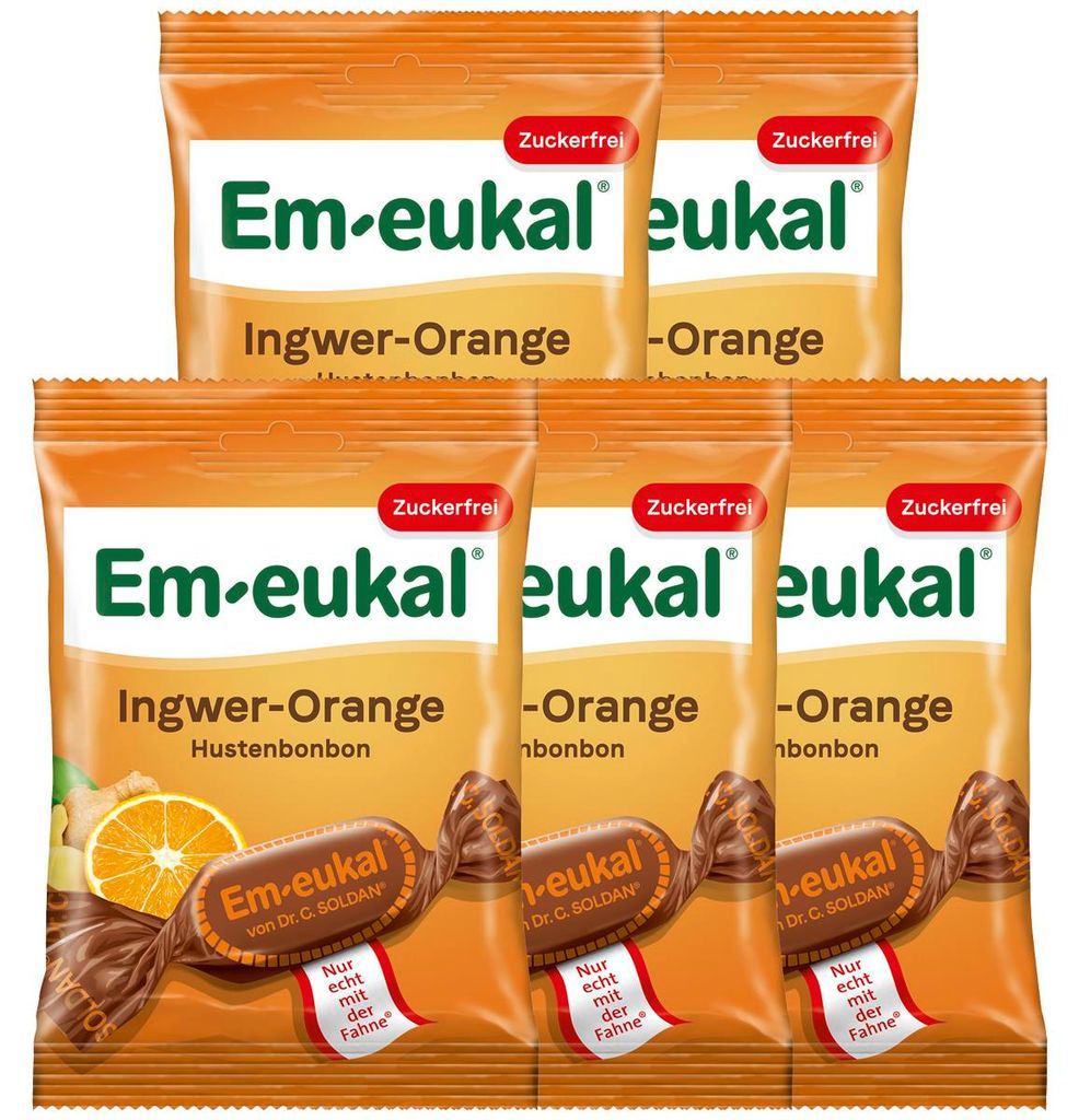 Em eukal Hustenbonbons Ingwer Orange fruchtig zuckerfrei 75g 5er Pack