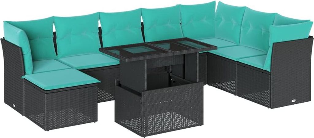 SYFAX 9-teiliges Gartensofa-Set mit Kissen, schwarzes Polyrattan