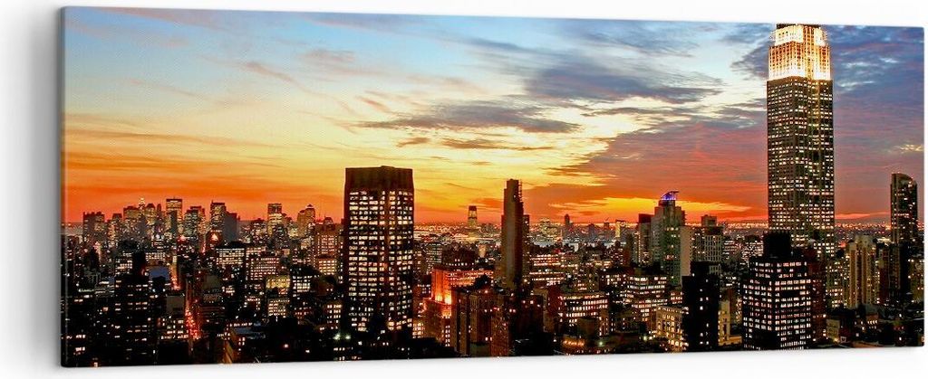 Bild auf Leinwand - Leinwandbild - Amerika gebäude sonnenuntergang wolkenkratzer - 140x50cm - Wand Bild - Wanddeko - Leinwanddruck - Bilder - Kuns...