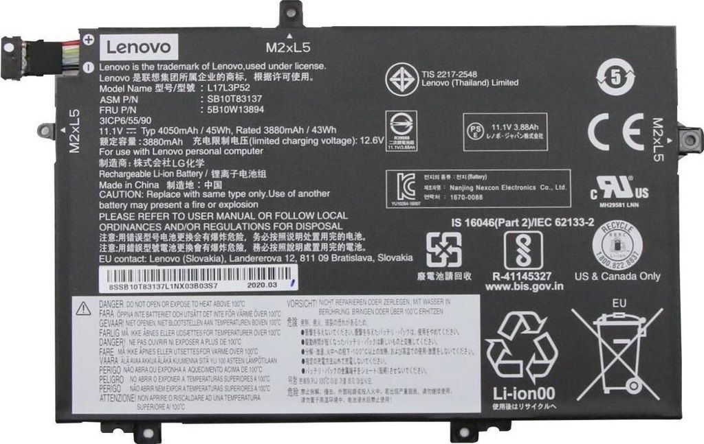 Lenovo LG Chem - Laptop-Batterie - Lithium-Ionen - 3 Zellen - 4050 mAh - 45 Wh - FRU - für ThinkPad L14 Gen 1, L14 Gen 2, L15 Gen 1, L15 Gen 2, L4...