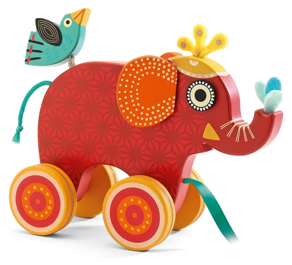 Jouet à tirer Éléphant Indy Djeco : fini le bruit avec ses roues gomme