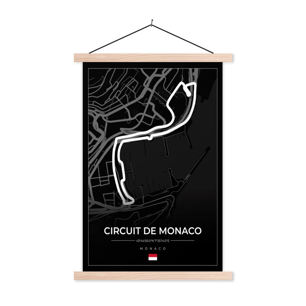MuchoWow Textilposter Monaco - Formel 1 - Circuit de Monaco - Rennstrecke - Schwarz 60x90 cm mit holzfarbenen Rahmen - Textil